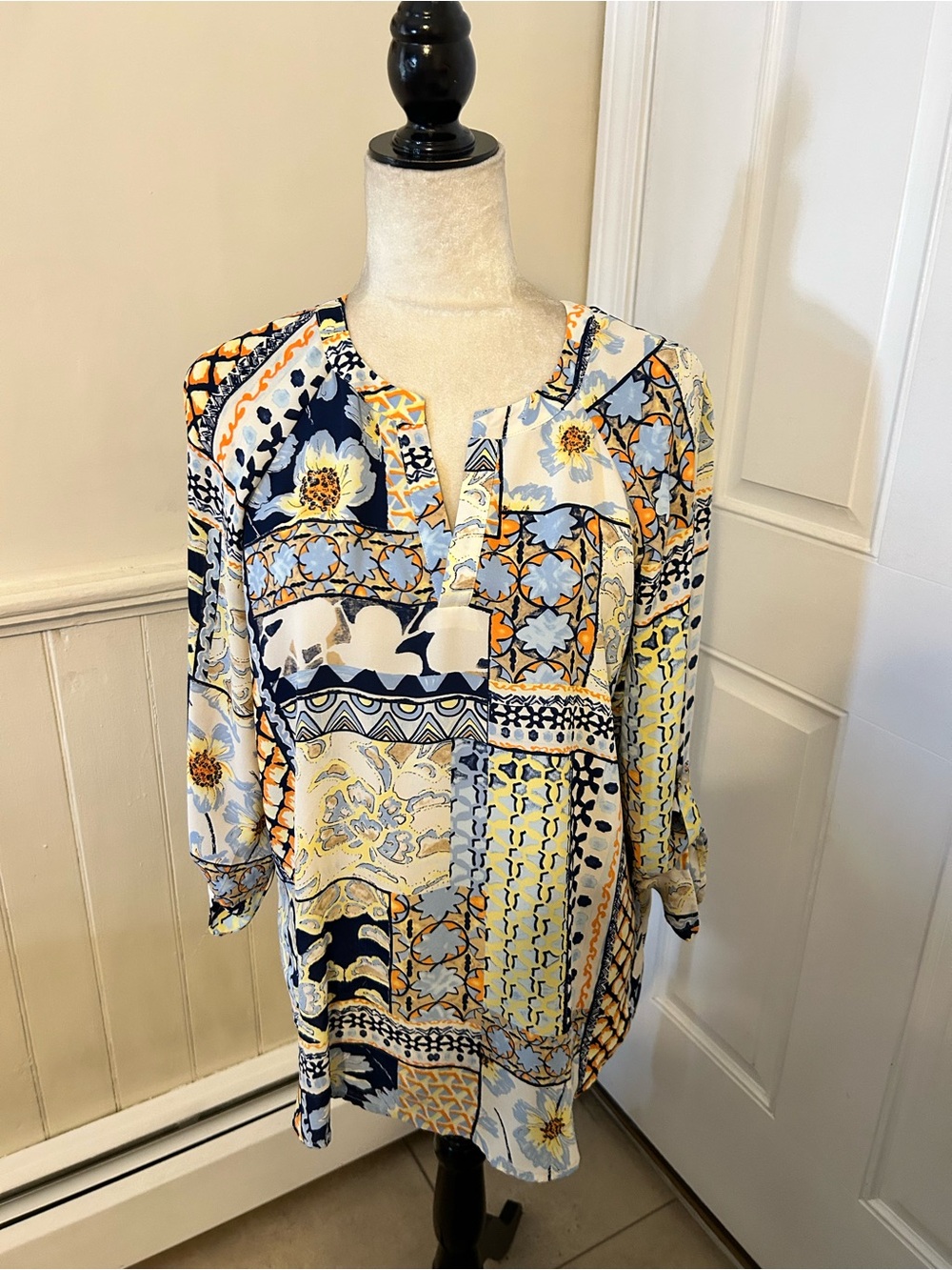 Chico’s Blue Patchwork Mixed Print Roll-Tab 3/4 Sleeve Top Size 2 -12/14 NWOT